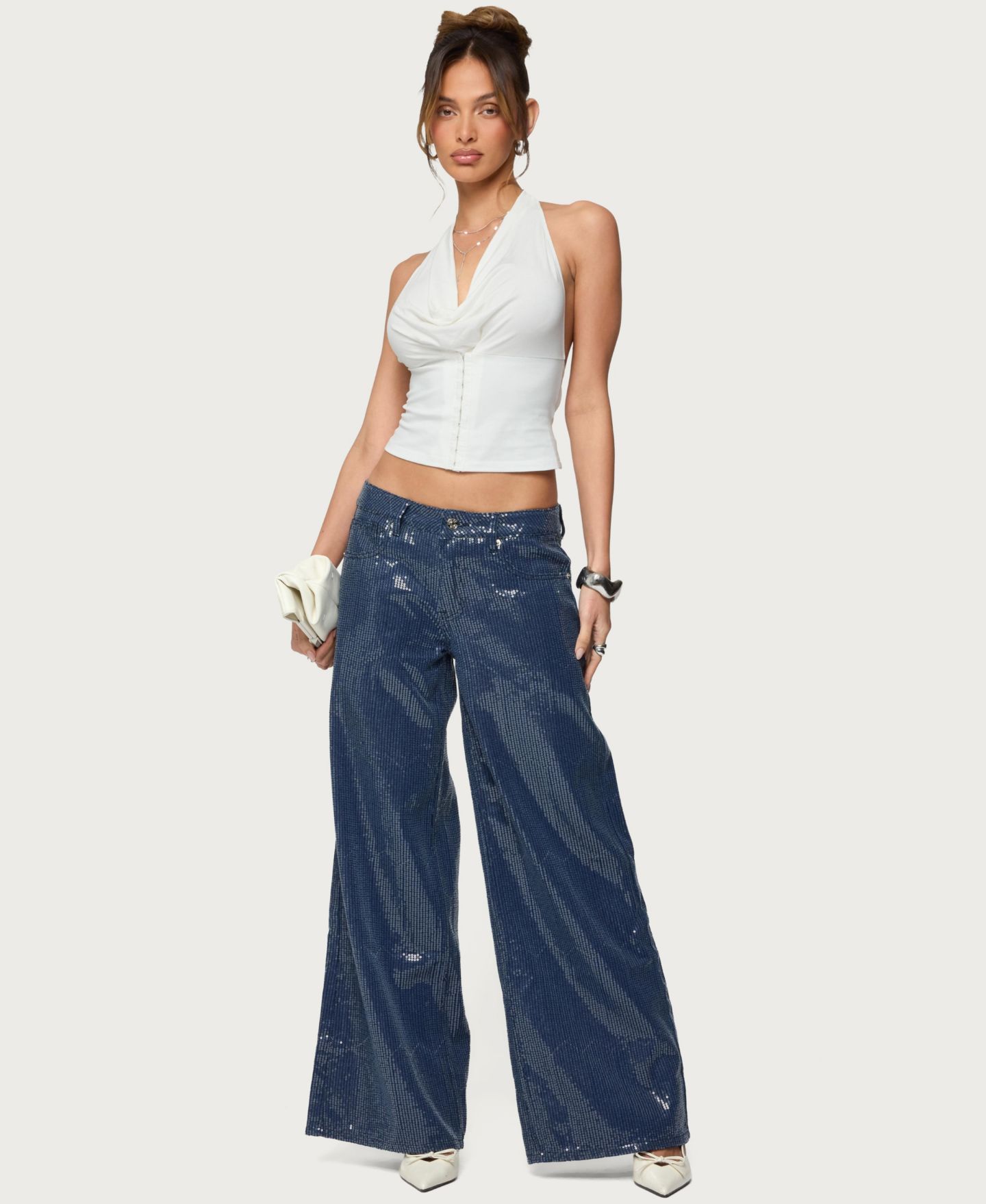 Женские джинсы Edikted Mirella Sequin Low Rise Baggy, цвет: Тёмный синий — фото 2