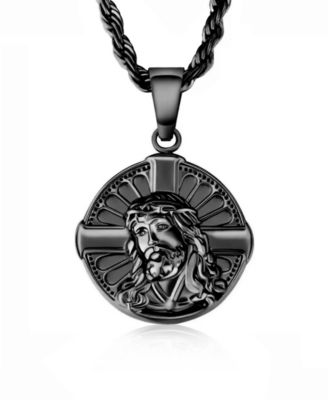 Men's Stainless Steel Black Plated Jesus Cross Coin Pendant Necklace