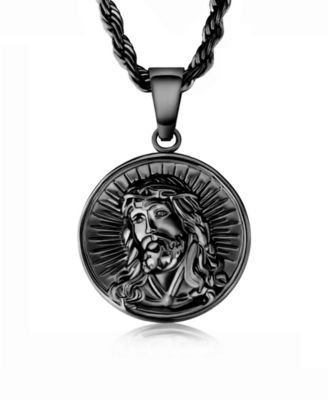 Men's Stainless Steel Black Plated Jesus Coin Pendant Necklace