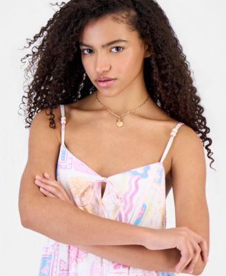 Juniors' Printed Babydoll Tie-Front Mini Dress