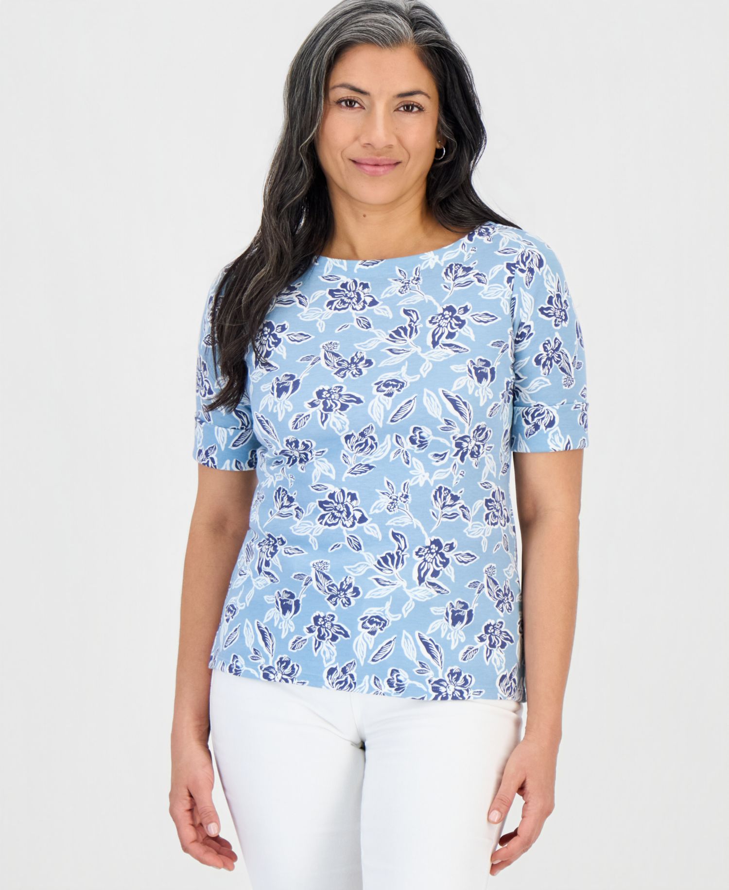 Petite Floral Knit Elbow-Sleeve Top