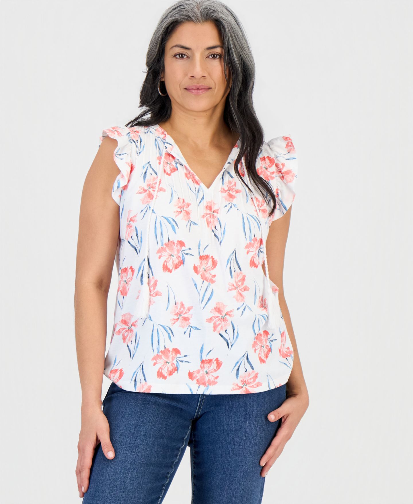 Женский топ Style & Co Petite Tie-Neck Pintuck-Front Ruffled, цвет: Белый комбинированный — фото 1