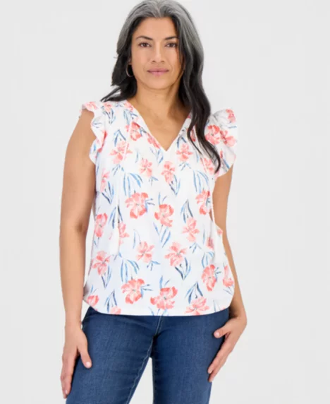 Petite Tie-Neck Pintuck-Front Ruffled Top - Bright White Combo