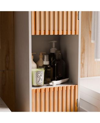 Bathroom Tall Storage Cabinet, Freestanding Organizer with Bamboo Slat Doors, Adjustable Shelves, Modern Narrow Floor Cabinet for Bathroom