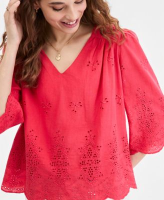 Women's Eyelet-Embroidered 3/4-Sleeve Top