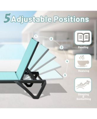 2 Pcs Outdoor Lounge Chair, Aluminum Plastic Patio Chaise Lounge with 5 Position Adjustable Backrest and Wheels