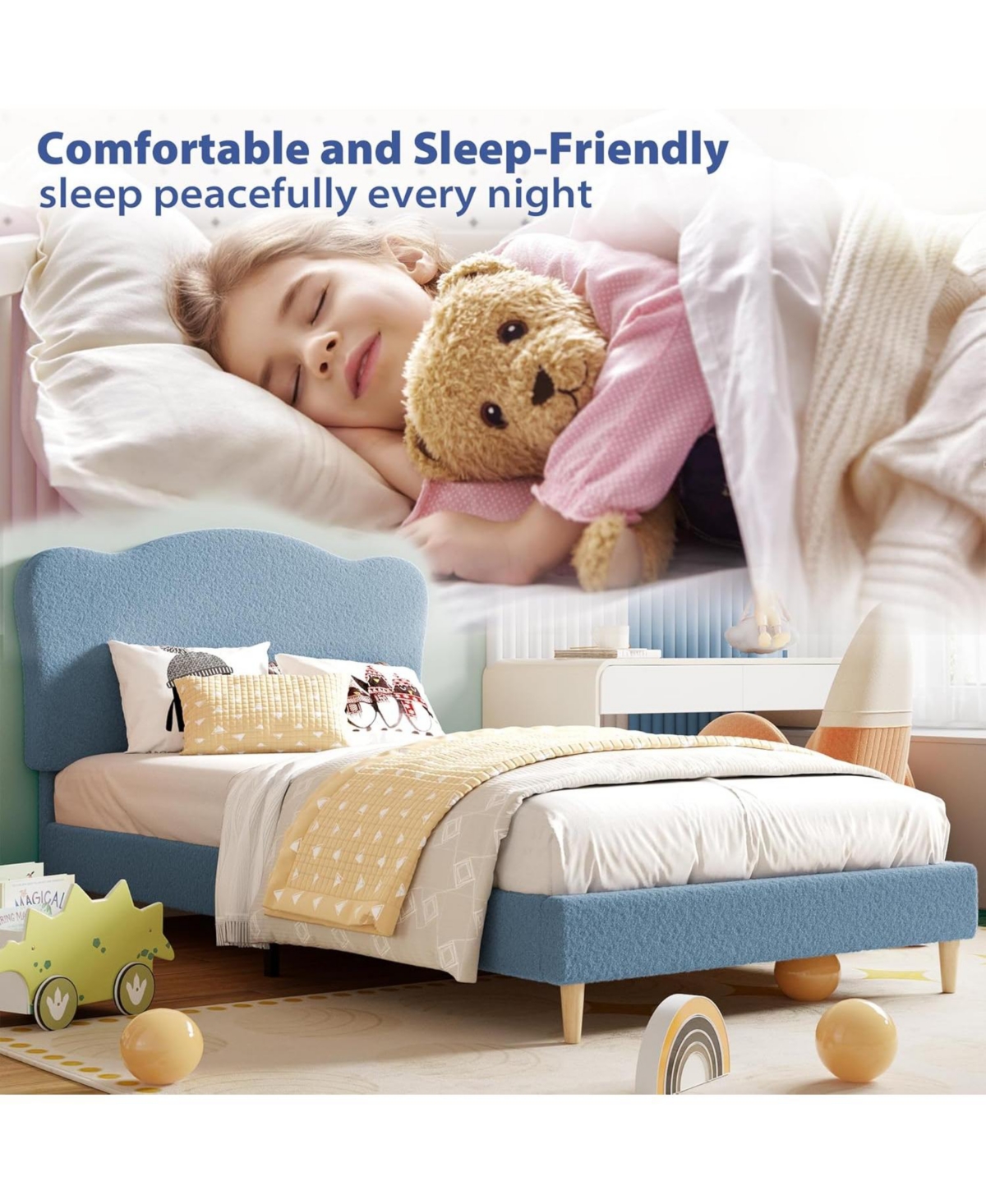 gaomon Upholstered Twin Xl Bed Frame for Kids with Scallop Headboard, Cute Velvet Girls, Boys, Sturdy Platform Bed, No Box Spring