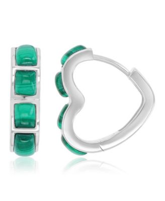 Malachite Heart Huggie Earrings in Rhodium Over Sterling Silver