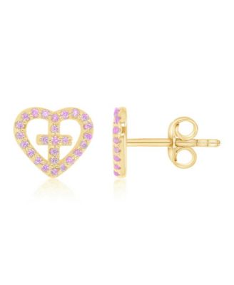 Pink Cubic Zirconia Heart and Cross Stud Earrings in 14k Yellow Gold Over Sterling Silver