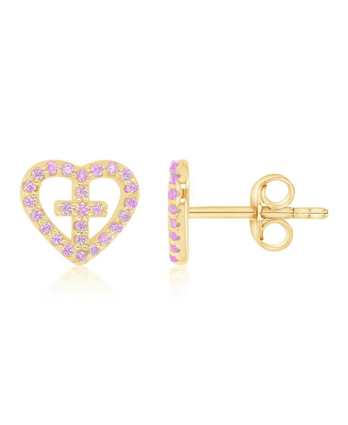 Macy's Pink Cubic Zirconia Heart and Cross Stud Earrings in 14k Yellow Gold Over Sterling Silver
