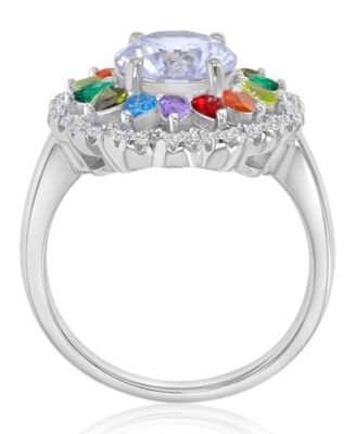 Multicolor Cubic Zirconia Large Flower Ring in Rhodium Over Sterling Silver