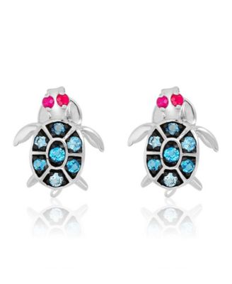 London Blue Topaz and Ruby Sea Turtle Stud Earrings in Rhodium Over Sterling Silver
