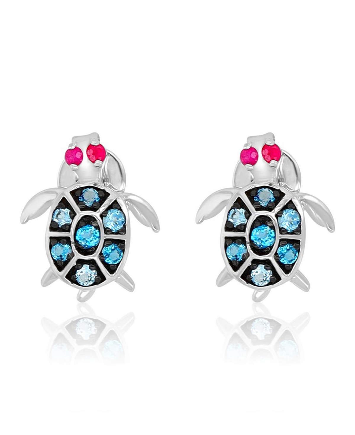 Macy's London Blue Topaz and Ruby Sea Turtle Stud Earrings in Rhodium Over Sterling Silver