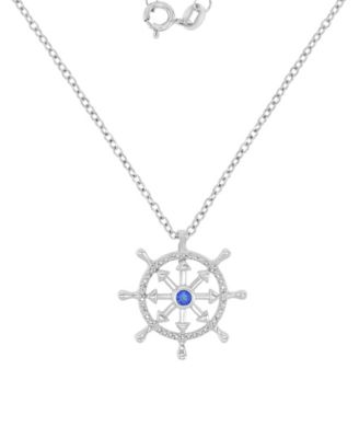 Diamond Accent & Created Blue Sapphire Rudder Necklace in Rhodium Over Sterling Silver