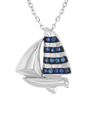 Created Blue Sapphire Ship Necklace in Rhodium Over Sterling Silver