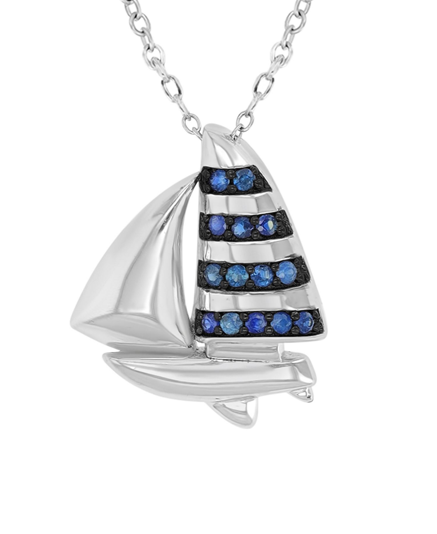 Created Blue Sapphire Ship Necklace in Rhodium Over Sterling Silver