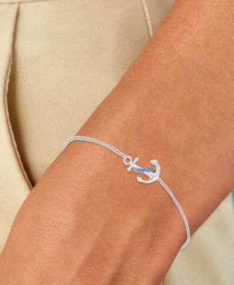 Created Blue Sapphire Anchor Bracelet in Rhodium Over Sterling Silver