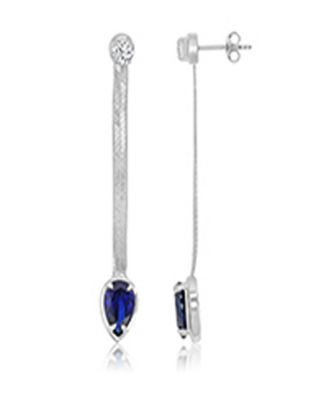 Created White Sapphire and Created Blue Sapphire Herringbone Chain Dangling Earrings in Rhodium Over Sterling Silver