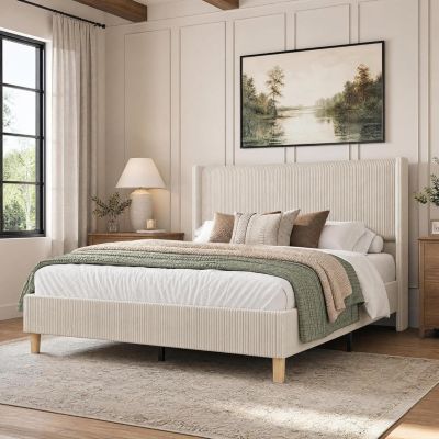 Wingback Bedframe, Corduroy Upholstered Bed Frame, No Box Spring Needed, Solid Wooden Slats