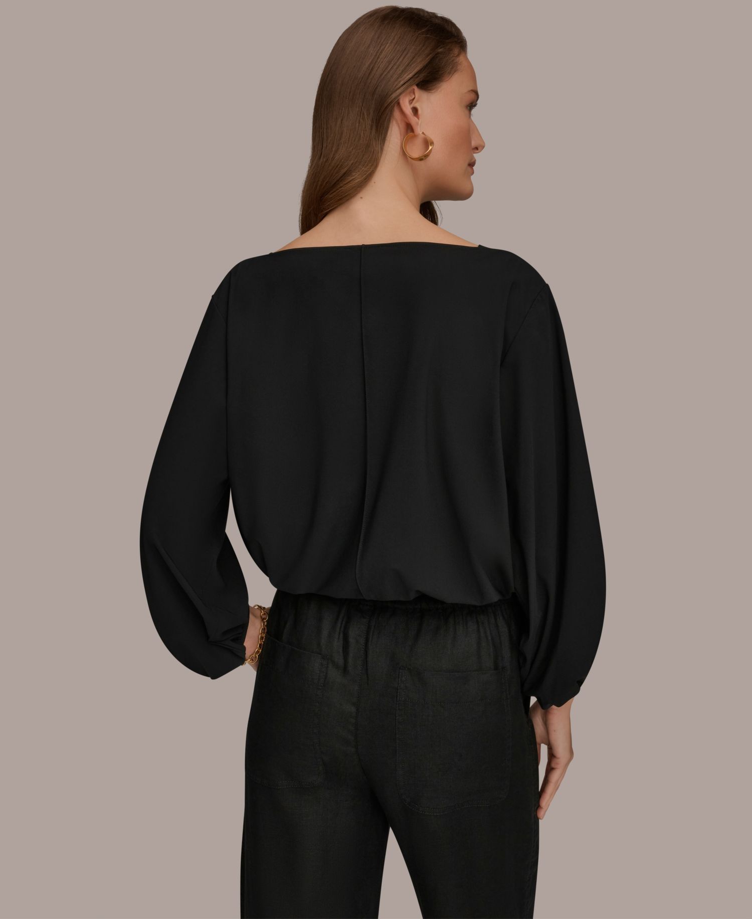Women's 4-way Stretch Knit Boat Neck Balloon Sleeve Blouse