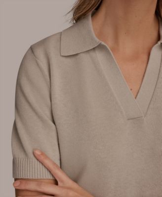 Women's Cotton Cashmere Polo Sweater with Elbow Sleeve