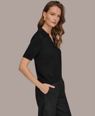 Women's Cotton Cashmere Polo Sweater with Elbow-Sleeve