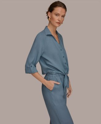 Women's Linen Roll Tab Sleeve Button Front Tie Blouse