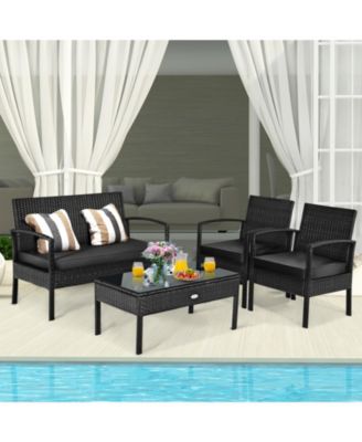 Set Of 4 Outdoor Patio Rattan Furniture Set Cushioned Sofa Coffee Table Garden Deck