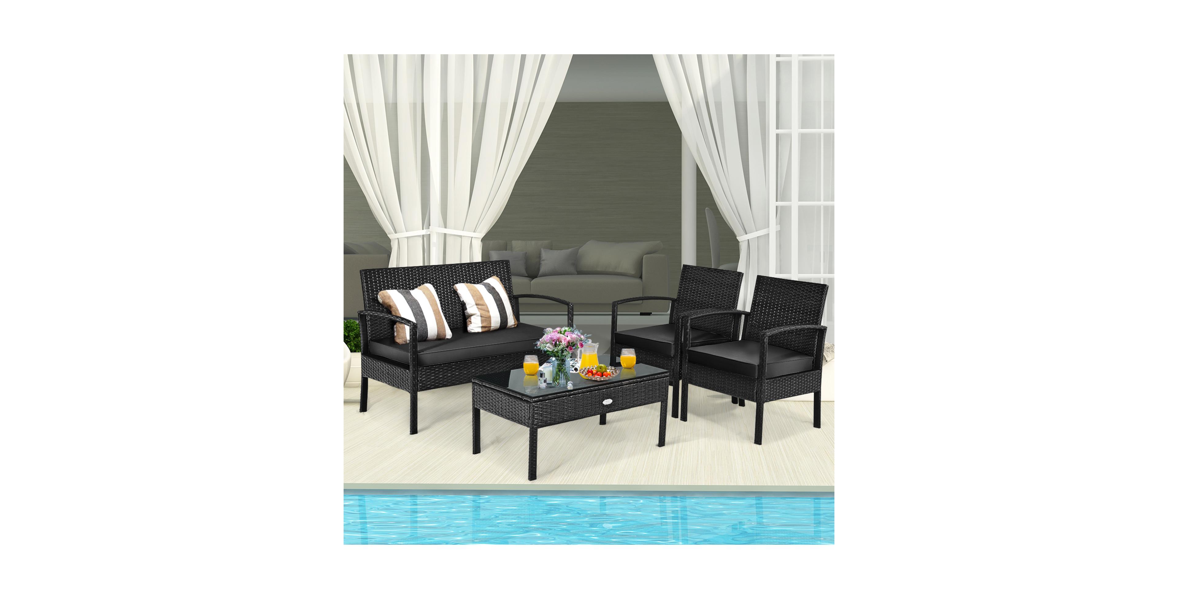 Gymax Set Of 4 Outdoor Patio Rattan Furniture Set Cushioned Sofa Coffee Table Garden Deck