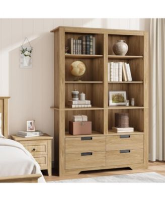 72" Farmhouse Floor Standing Bookcase, Bookshelf with 4 Drawers, Freestanding Display Storage Shelves for Bedrooms.