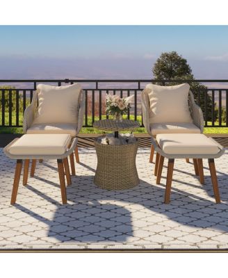 5 Piece Brown Patio Conversation Set with Rope Weaving Chairs Cool Bar Table Ottomans for Porch Poolside