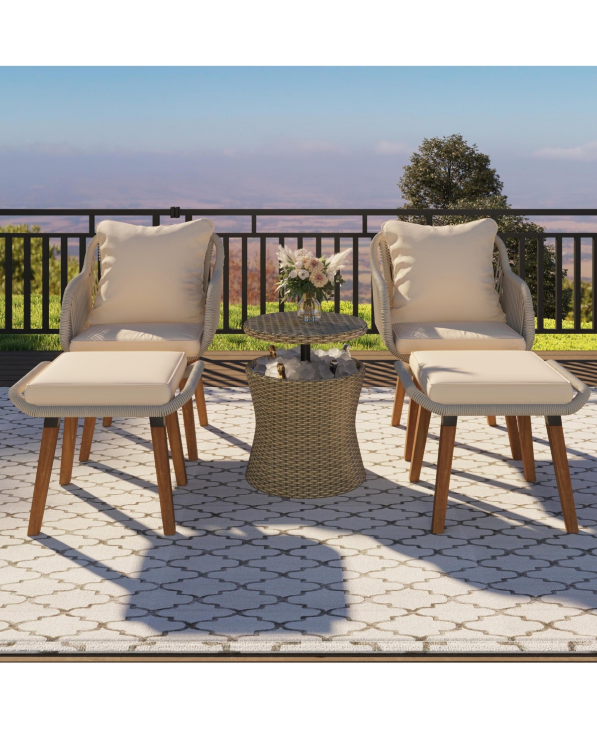Flynama 5 Piece Brown Patio Conversation Set with Rope Weaving Chairs Cool Bar Table Ottomans for Porch Poolside
