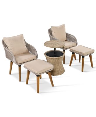 5 Piece Brown Patio Conversation Set with Rope Weaving Chairs Cool Bar Table Ottomans for Porch Poolside
