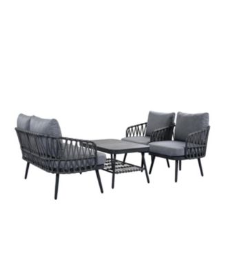 4 Piece Outdoor Patio Conversation Set with Metal Rope Backrest Chairs Coffee Table Thick Cushions  for Garden Poolside