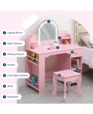 Kids Vanity with Lighted Mirror & Stool, Little Girls Vanity with Adjustable LED Light