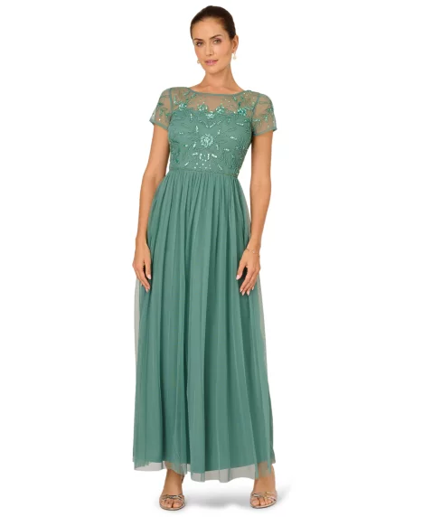 Petite Beaded Mesh Maxi Dress - Green Slate