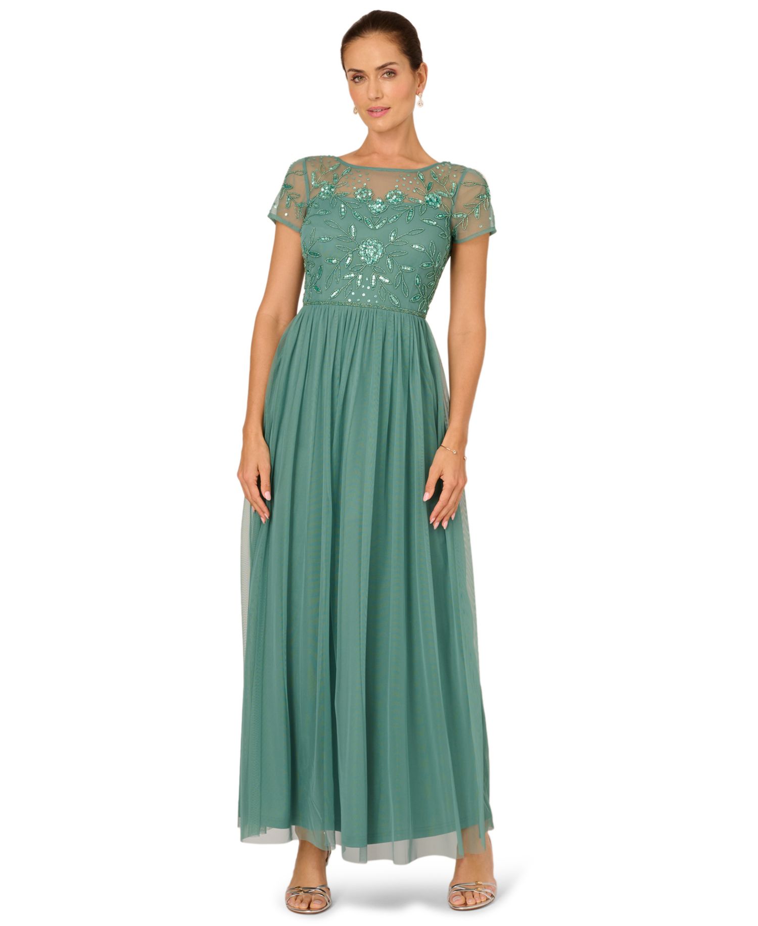 Petite Beaded Mesh Ball Gown