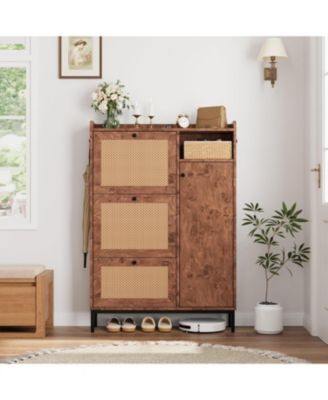 Shoe Cabinet Rattan with 3 Flip Drawers and 4-Tier Shoe Storage Cabinet, Freestanding Shoe Organizer with Adjustable Shelves for Entryway