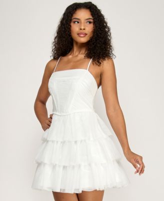 Junior's Tulle Pleated Tiered Dress