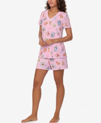Women's Short-Sleeve V-Neck Top and Boxer Jersey, 2-Piece Pajama Set