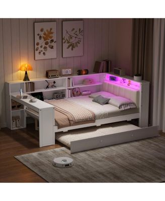 Wood Full Platform Bed with Storage, Trundle, Charging, LED