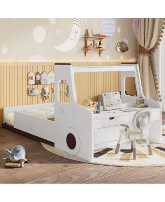 Car-Shape Floor Bed with Storage, Window & Desk, Twin Size