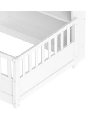 Wooden Fence Guardrail and Storage Floor Bed, Twin Size
