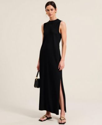 Women's Sleeveless Ribbed Knit Crewneck Side Slit Midi Dress