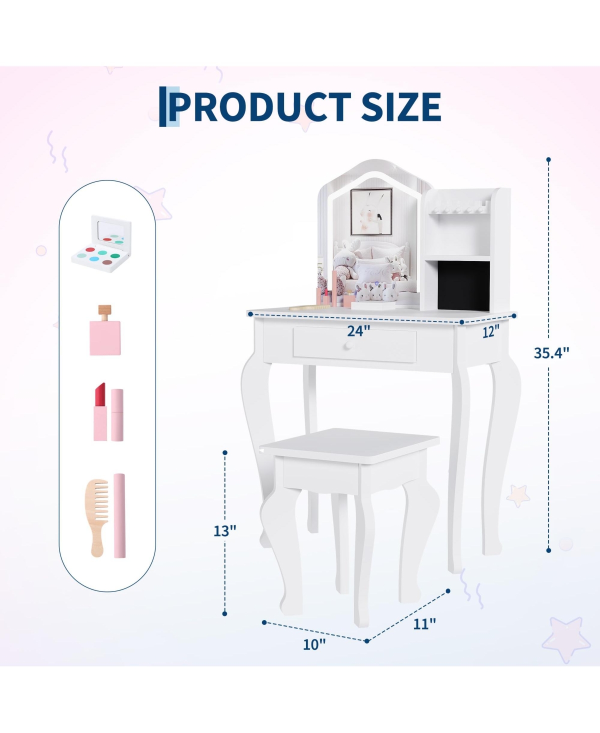 gaomon Kids Vanity with Lighted Mirror, Little Girl Vanity and Stool, Toddler Makeup Table Set and Makeup Playset for 3-8 Girls