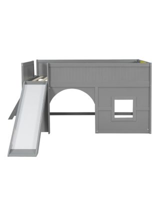 Full Size Wooden Low Loft Bed with Storage, Slide, Door, Window