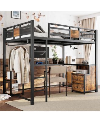 Metal Frame Full Loft Bed with Desk and Storage, No Spring Box Needed