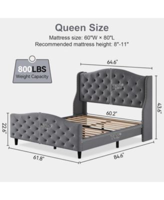 Size Velvet Bed Frame with Headboard and Footboard, Tufted Wingback Headboard Upholstered Platform Bed Strong Wooden Slats Easy Assembly