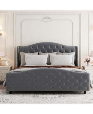 Size Velvet Bed Frame with Headboard and Footboard, Tufted Wingback Headboard Upholstered Platform Bed Strong Wooden Slats Easy Assembly