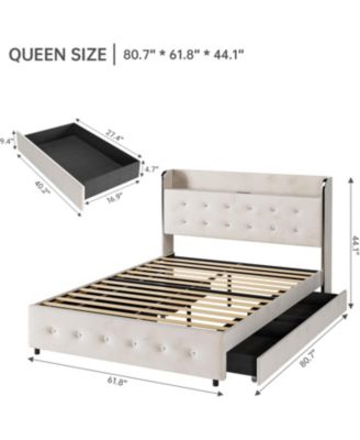 Queen Size Bed Frame, Upholstered Bed Frame with 4 Storage Drawers, Platform Bed Frame with Diamond Tufted Headboard, Wood Slat Support